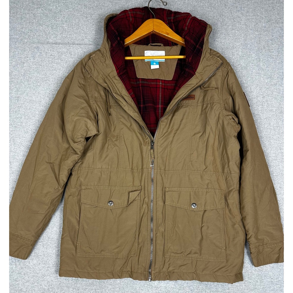 Columbia Field Coat Large Brown Hooded Plaid Blanket Lined